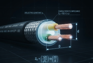 A CGI cross-section of a CASMO J1939 cable with a CAD overlay measuring conductor diameter and spacing, visually explaining that 120-ohm characteristic impedance is determined by the cable's physical geometry, not just terminating resistors.