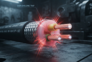 A 3D cutaway illustration showing a heavy metallic braid shield compressing the inner dielectric insulation of a CAN bus cable. Glowing stress lines indicate geometric distortion, visually explaining how over-shielding can alter impedance and degrade signal integrity.