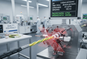 An industrial photograph inside a CASMO CABLE facility showing laser micrometers precisely measuring a twisted pair cable during manufacturing, highlighting the strict process controls used to prevent impedance mismatch and ensure 120-ohm consistency.