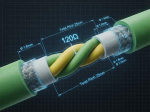 A detailed CGI cross-section of a CASMO J1939 cable, showing the perfectly twisted pair of insulated copper conductors. A digital overlay highlights the 120-ohm impedance, illustrating the manufacturing precision required for maintaining signal integrity in a CAN bus network.
