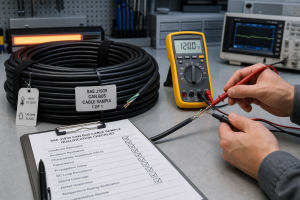 Technician measuring a labeled J1939 CAN bus cable sample coil on a test bench before approving the lot for volume production